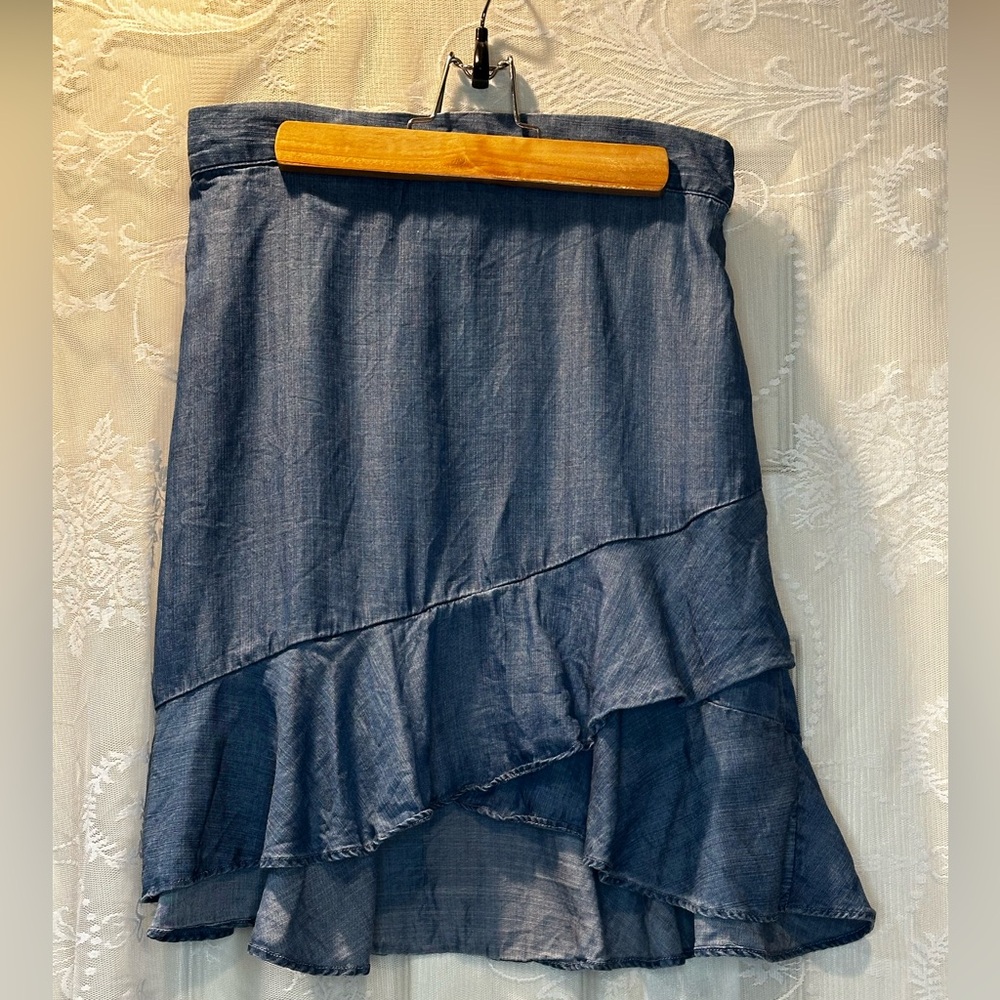Blue denim style ruffled asymmetrical skirt